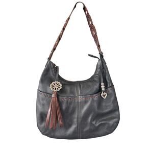 Vintage Brighton Black Leather Hobo Bag with Charms & Tassel Detail Boho Western